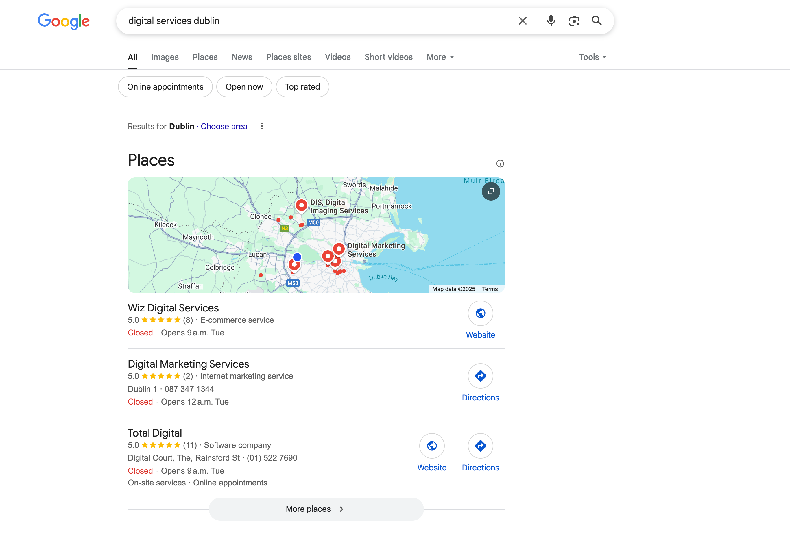 Example of Google's Local Pack showing search results for "SEO agency Ireland" with map and business listings