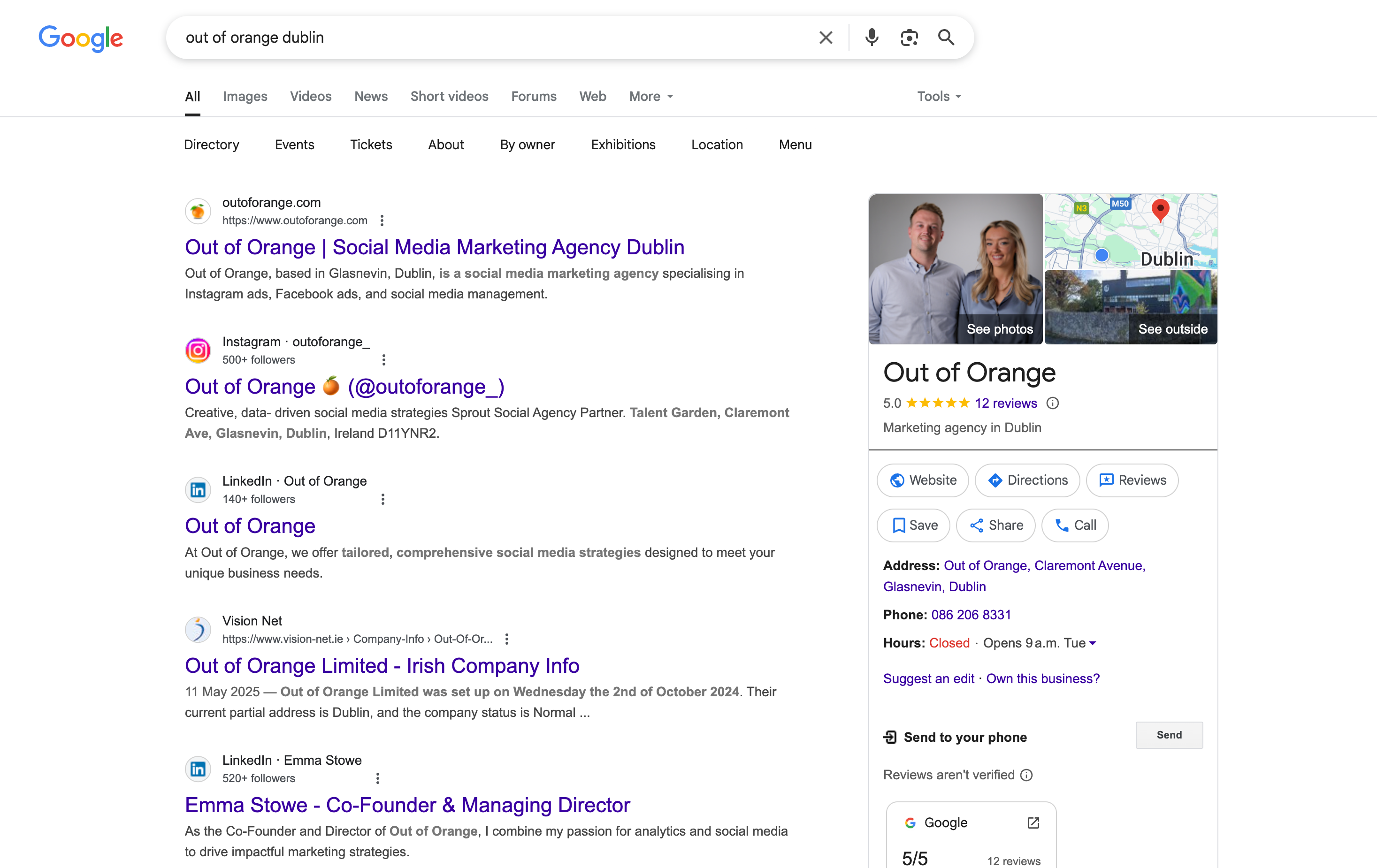 Out of Orange's Google Business Profile showing their storefront, reviews, and business information